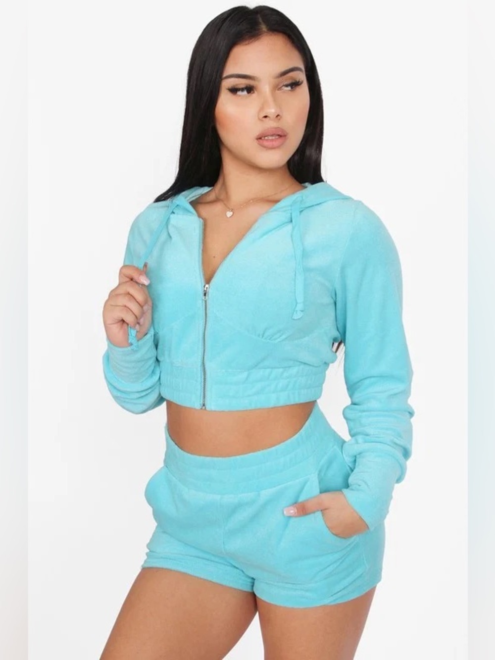 Tic Toc Cropped Velvet Zip-Up Hoodie Set in Aqua Blue Size Small